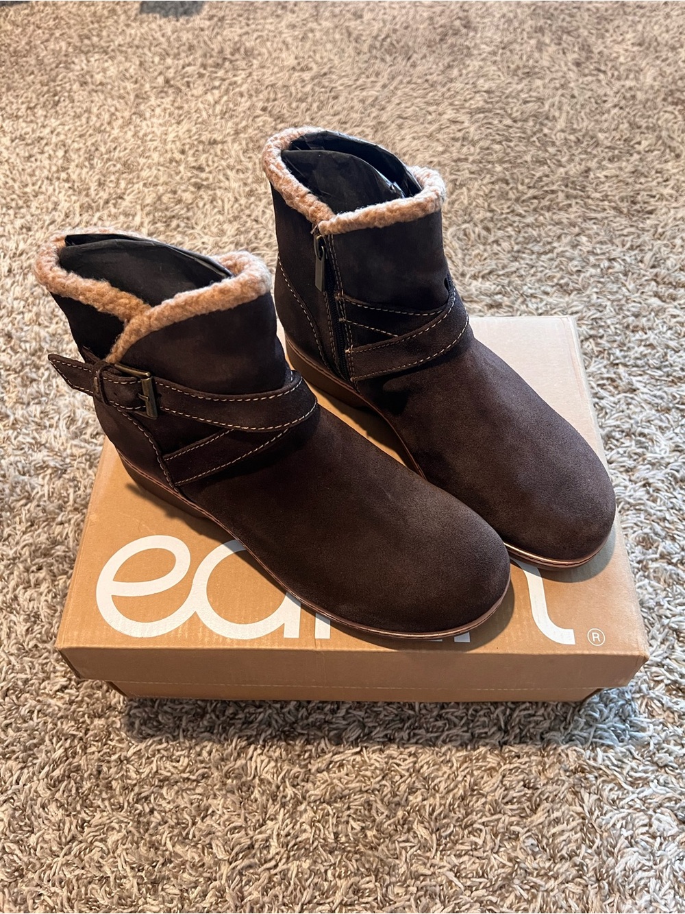 Earth Women's Hutton Suede Ankle Booties in Dark Brown with Shearling Collar - Picture 2 of 8